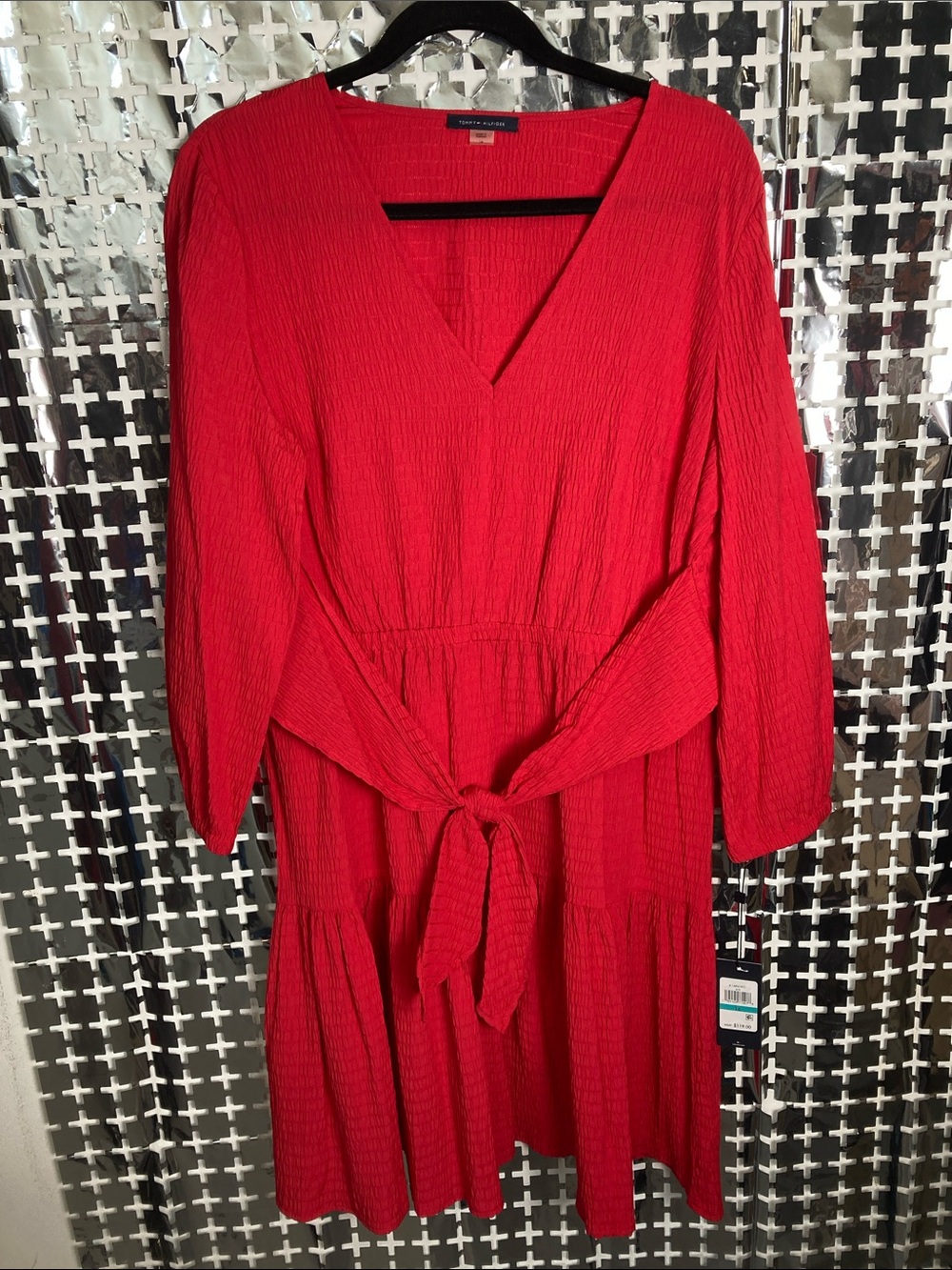 Tommy Hilfiger Bright Red V-Neck Tie-Waist Midi Dress